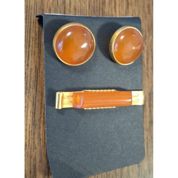 Rare Vintage Russian Soviet AMBER Cufflinks & Tie Clip Made in USSR - Picture 6 of 6